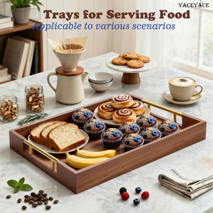 YACEYACE Wooden Serving Tray with Metal Handles, 14" x 9.8" x 1.7" Small Serving Tray for Kitchen Counter, Ottoman Coffee Table, Bathroom, Home Decor