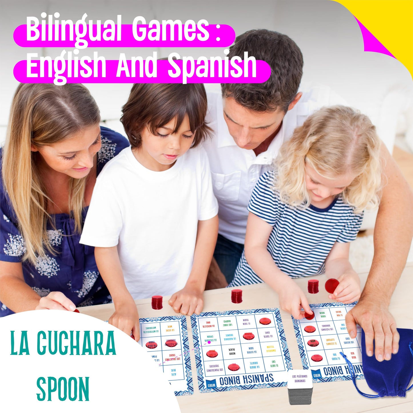 SpriteGru Spanish Bingo Game, 12 Vocabulary Bingo Board Game Bilingual Word Learning Educational Toys for Words Learning - Ages 5 and up (Up to 12 Players)