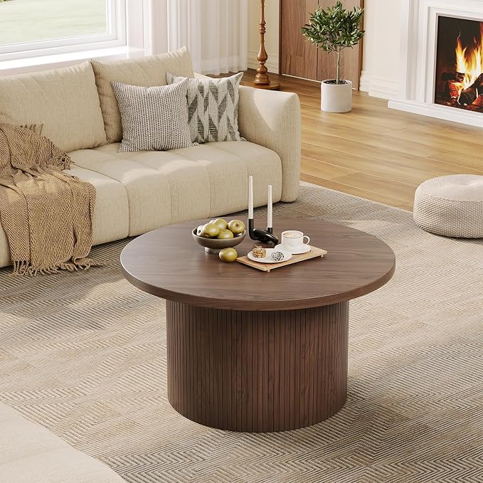 31.5" Round Coffee Table, Mid Century Modern Fluted Tambour Coffee Table, Engineered Wood Small Circle Center Table, Drum Accent Modern Living Room Table, Walnut