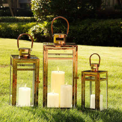 TRIROCKS Set of 3 Stainless Steel Candle Lantern 19/15/12'' High Metal Candle Holder with Tempered Glass Panels Perfect for Home Decor Living Room Parties Events Tabletop Indoors Outdoors (Rose Gold)