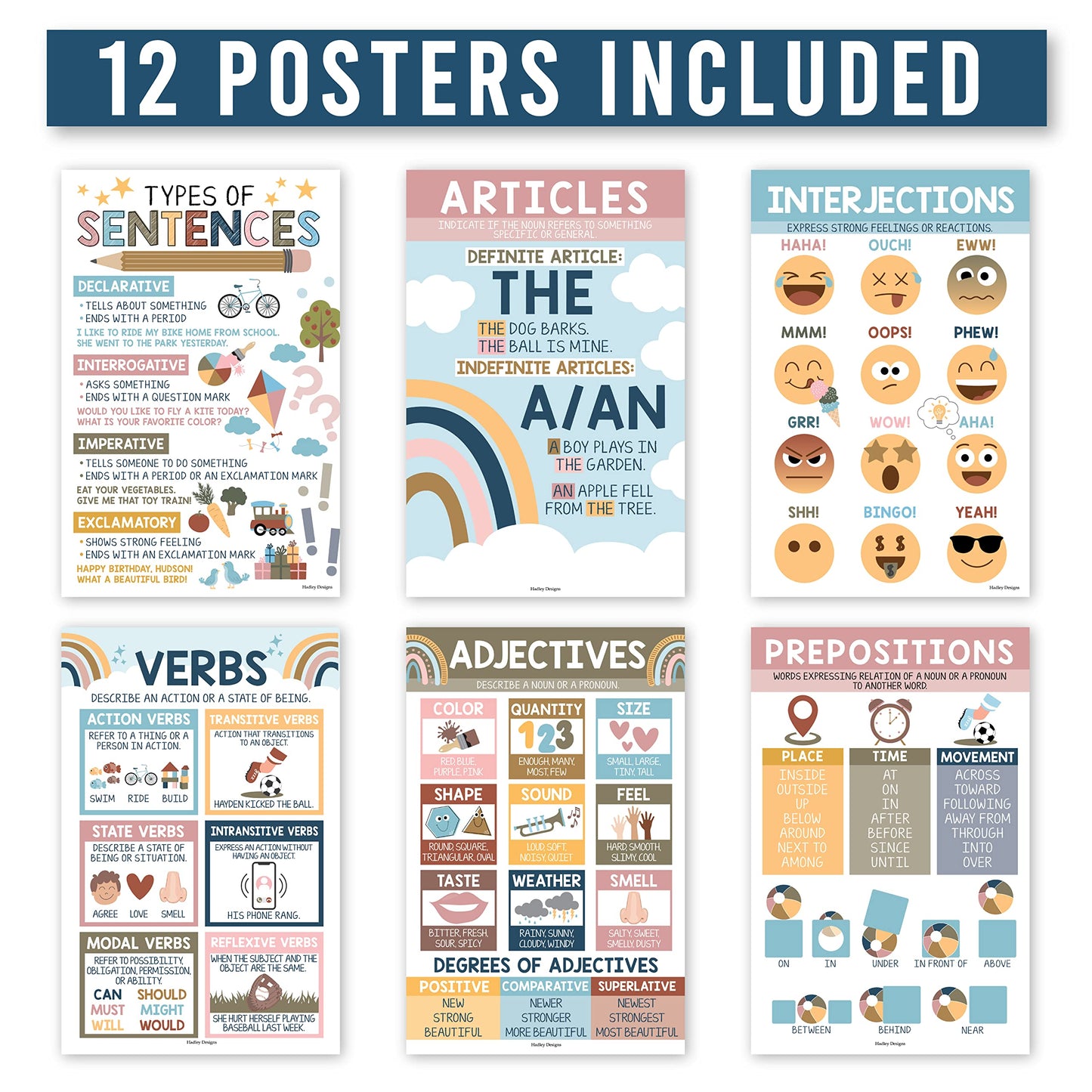 Parts of Speech Posters for Classroom Must Haves - 12 Grammar Posters, Writing Process for Homeschool, Elementary & Middle School, ELA 3rd 4th & 5th Grade Teacher Must Haves, Boho Classroom Decor