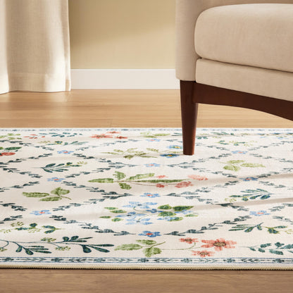 EVERWASH Haven Floral Trellis Machine Washable Area Rug with Airflo Technology for Easy Clean, Ultra-Soft Non-Slip Rug with Built-in Pad, Pet, Family & Allergy Friendly, Ivory, 2'6"x7'