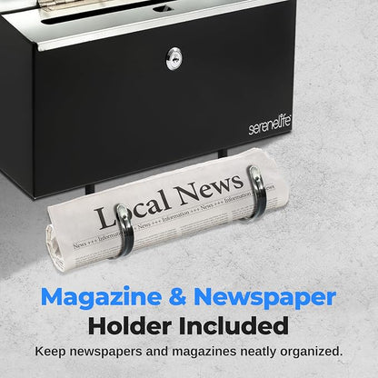 SereneLife Outdoor Wall Mailbox & Newspaper Holder | 0.24 FT Cubic Mailbox | Easy Installation, Secure Lock Mechanism | Ideal for Residential or Commercial Use | Wall Mountable | 15x3x11 in | Black