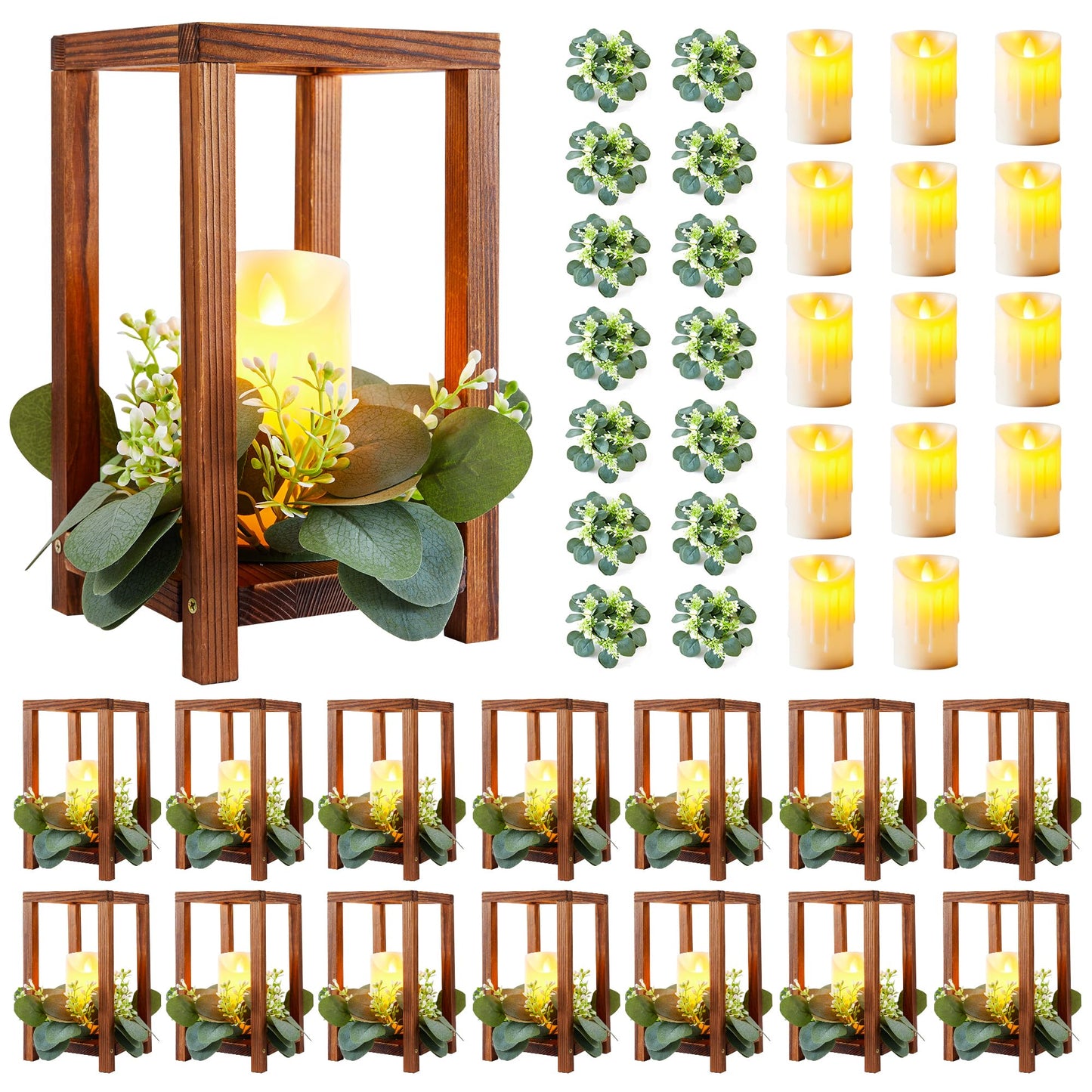 Neoflavie 42 Pcs /14 Set Wooden Wedding Lantern Centerpiece-Wooden Candle Lantern Bulk Includes 14 Farmhouse Wooden Candle Holder 14 Flameless LED Candles 14 Eucalyptus Leaves Wreath for Decoration