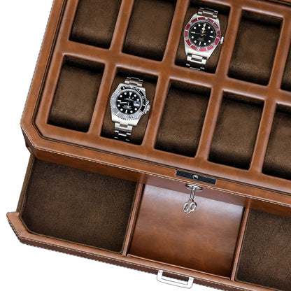 ROTHWELL 12 Slot Leather Watch Box with Valet Drawer - 12 Slot Luxury Watch Case Display Organizer, Microsuede Liner, Mens Accessories Holder, Jewelry Case, Jewelry Display Organizer (Tan/Brown)