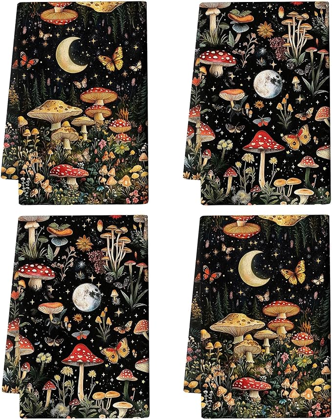 Mushroom Moth Kitchen Towels Decorative Set of 4, Witchy Dish Towels Absorbent