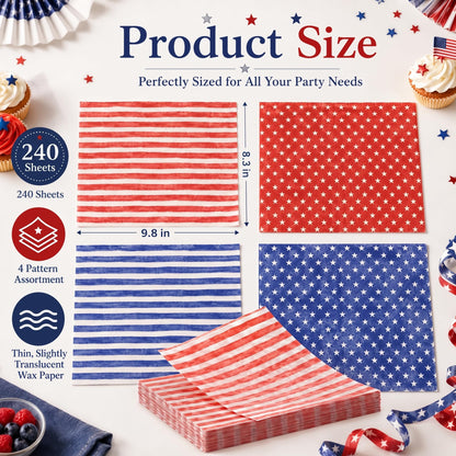240 Sheets Watercolor Patriotic Wax Paper for Food Deli, 9.8 x 8.3'' Seamless Blue Red Stars Stripes Greaseproof Wrapping Paper for 4th of July Sandwich Picnic Basket Liner Party Supplies