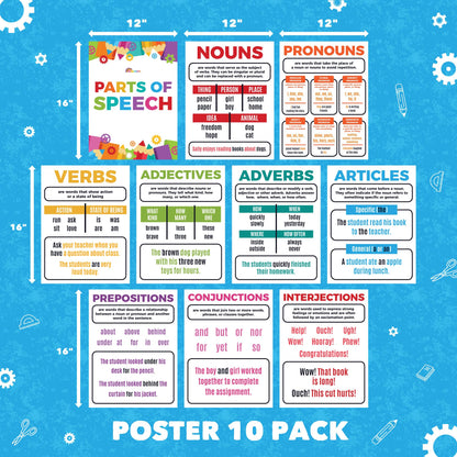 Sproutbrite 10 Pack Parts of Speech Poster Grammar Educational Poster for Classroom 12"x16" - Classroom Decor Decorations, Middle School - Works Like a Mini Grammar Guide