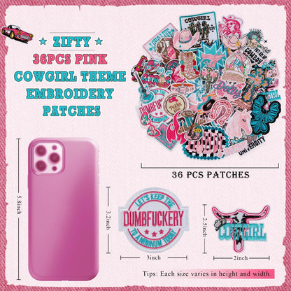 ZIFTY 36Pcs Iron on Patches for Clothes Hat Western Cowgirl Pink Embroidered Patches for Backpacks Applique Aesthetic Stuff Bulk for Clothing, Jackets, Jeans, Hats DIY Accessories