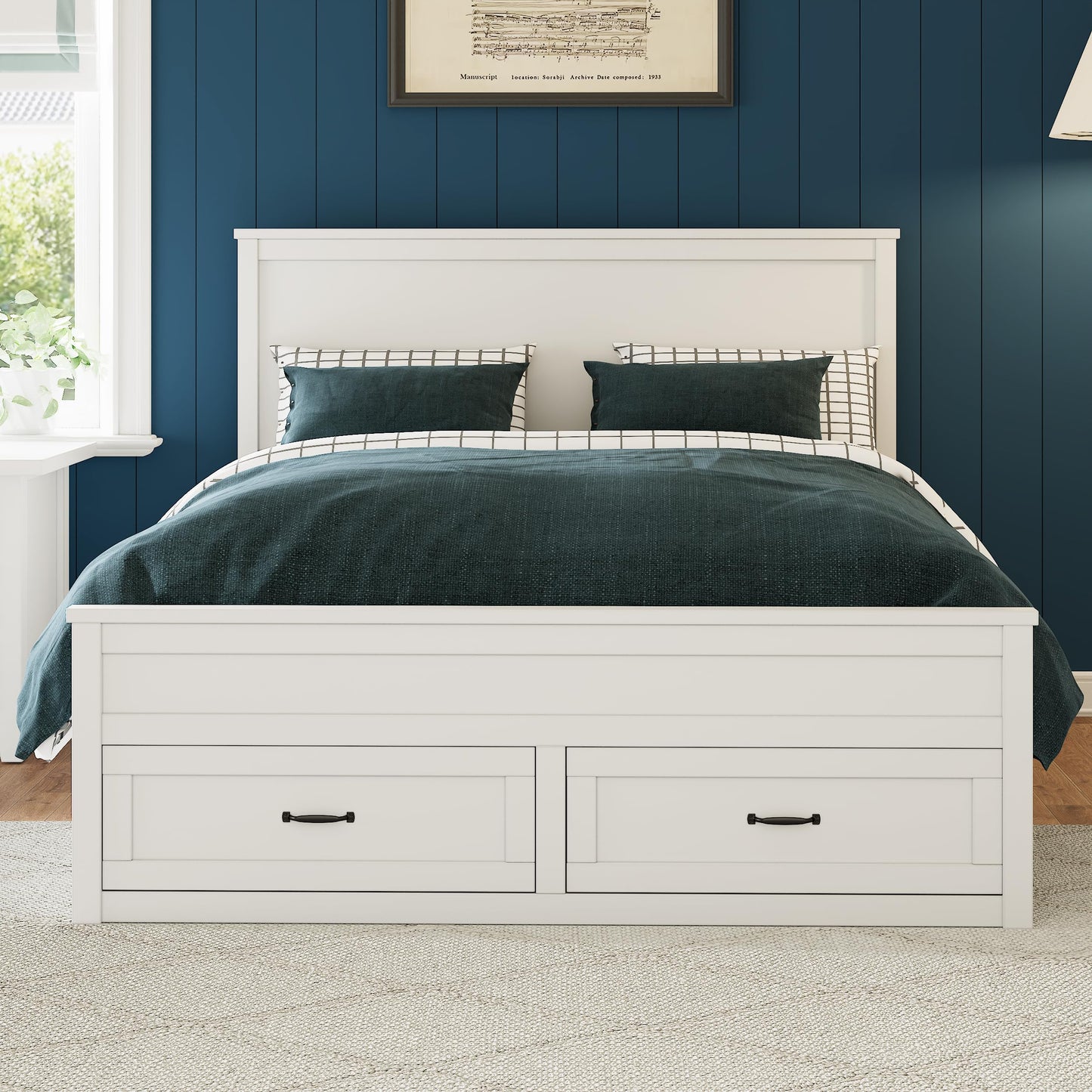 GDFStudio Queen Size Storage Bed Frame with 6 Drawers, 48.8" Tall Headboard Platform Bed Frame with Wooden Slats, Modern Bedroom Storage Furniture, No Box Spring Needed, White