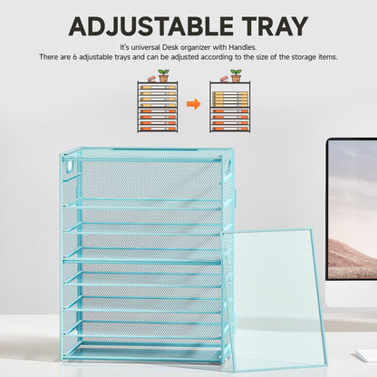 Subekyu 9 Tier Paper Letter File Tray Organizer for Desk, Large Mesh Desk Folder Sorter Organizer with Handle, Include 6 Pcs Adjustable Height Slid Tray for Office Home School Supplies Storage, Blue