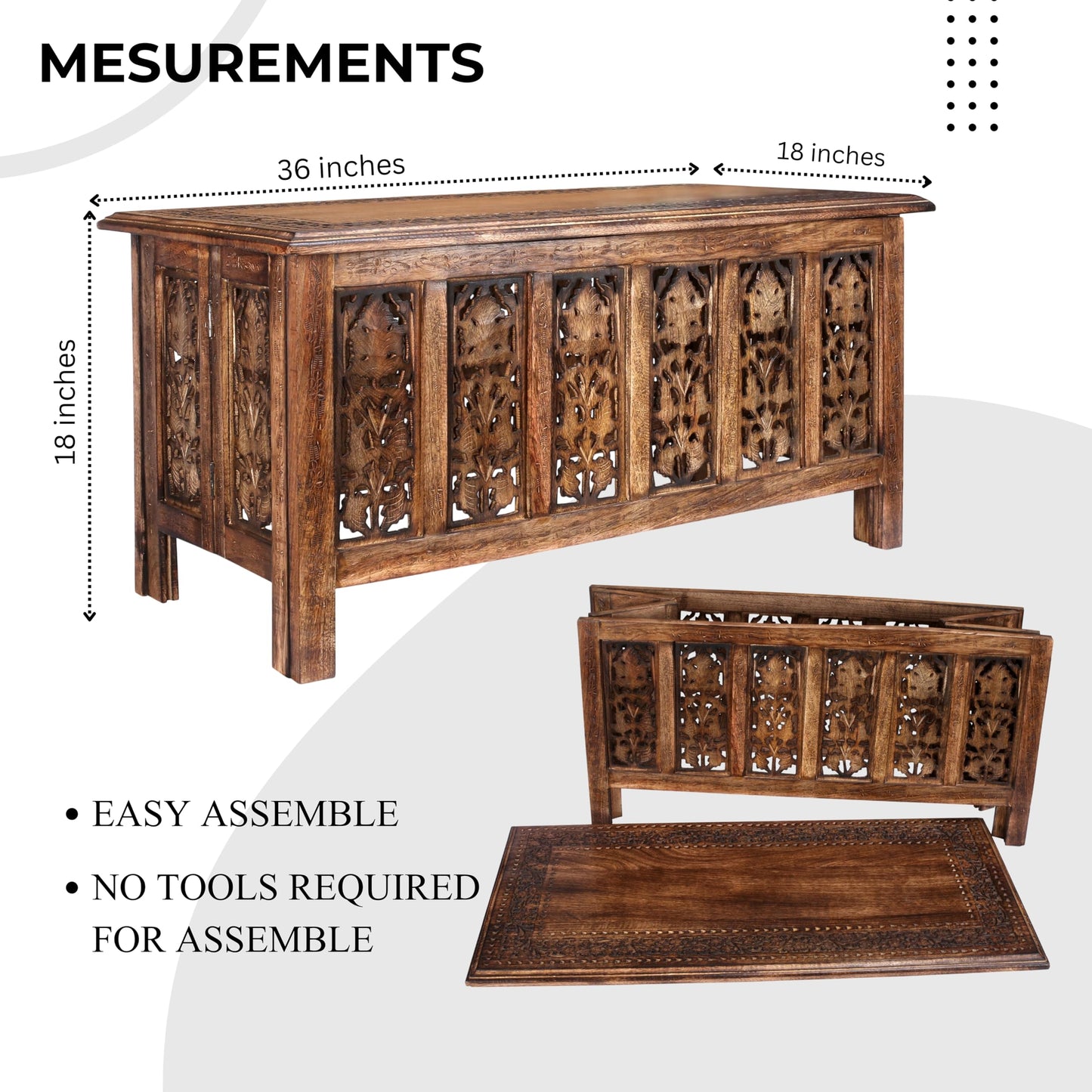 Coffee Table 36x18 Inch – Hand-Carved Solid Wood Center Table, Vintage Burnt Finish Modern Coffee Table for Living Room, Entryway Table for Magazines, Books & Plants