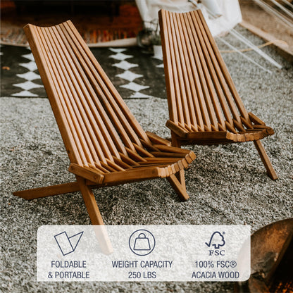 CleverMade Tamarack Folding Wooden Outdoor Chair -Stylish Low Profile Acacia Wood Lounge Chair for the Patio, Porch, Lawn, Garden or Home Furniture - Cinnamon