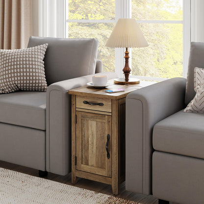 LINSY HOME End Table with Charging Station, Modern Farmhouse Wooden Side Table with Drawer, Detachable Holder, Extra Storage & Display Space, for Living Room and Bedroom, Wooden Door, Brown