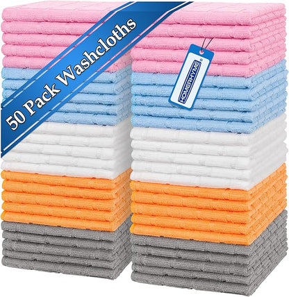 HOMERHYME Microfiber Washcloths, 50 Pack Wash Cloths Face Towel, Soft Lint Free