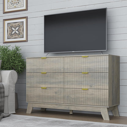 Fluted 6 Drawer Dresser, 47.2" Wide Modern Boho Chest of Drawers, Wooden Storage Dresser TV Stand for Bedroom, Living Room, Closet, Hallway, Curved Profile Design
