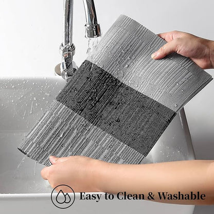 Leetaltree Grey with White Striped Placemats Set of 12 - Heat Resistant Non-Slip Place mats for Dining Table, Washable Durable PVC Vinyl Woven Table Mats（Grey Stripe, 12）