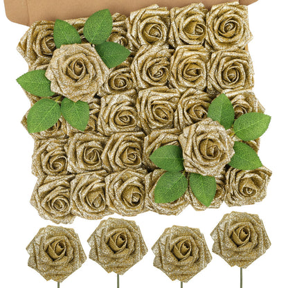MACTING 30PCS Artificial Flowers Real Touch Foam Roses with Stem Fake Glitter Flowers for DIY Wedding Bouquet Table Centerpieces Party Holiday Wreath Home Graduation Decorations,Gold