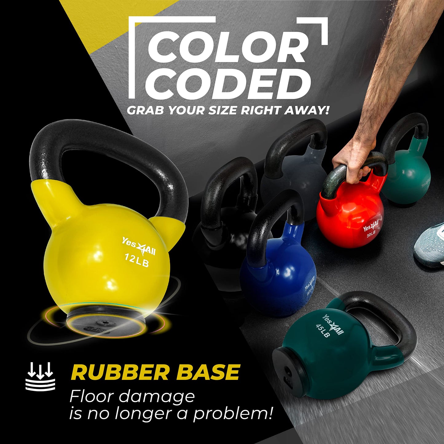 Yes4All Kettlebells Rubber Base, Kettlebell Set for Women, Strength Training Kettlebells Weights (10-65 lbs)