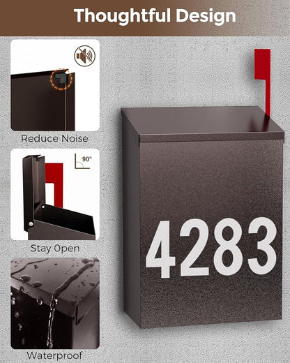 LAND·VOI Wall-Mount Mailbox with One Flag Kit and Three Sets of 0-9 Mailbox Number Stickers, Mailboxes for Outside, Galvanized Steel Rust-Proof Metal Post Box, 7.1"x3.9"x10.24", Textured Bronze AMB05R