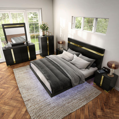 Furniture of America Ansten Modern Wood 6-Piece Platform Bedroom Set with Gold Trim, Underbed LED, Dust Proof Cases, Bracketed Metal Legs, No Box Spring Needed, King, Black