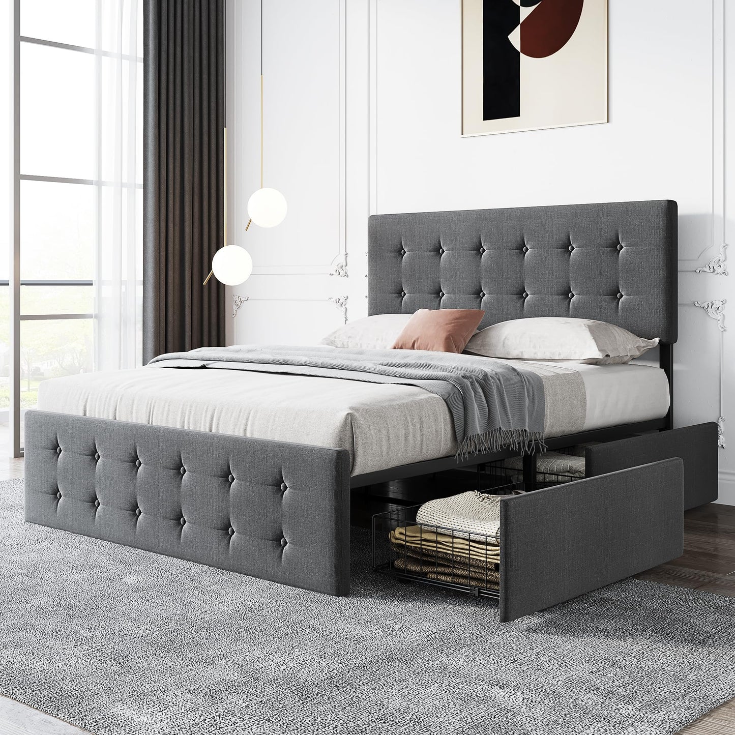 GAOMON Queen Bed Frame with 4 Storage Drawers and Adjustable Headboard, Grey Bed Frame Queen Size Platform Bed Frame with Large Storage and Wooden Slats Support, No Box Spring Needed, Noise-Free