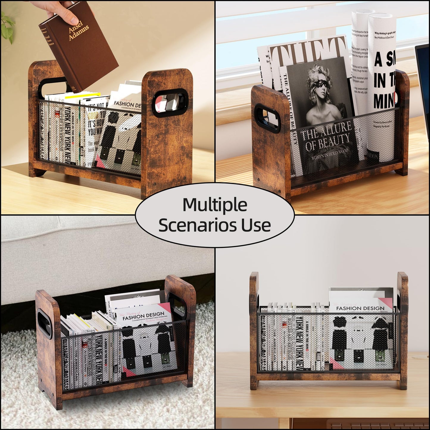 ASIFMTHOT Wood Magazine Holder & Rack - Retro Brown Mesh Storage Basket for Books, Newspapers, Files - Desk/Floor Organizer