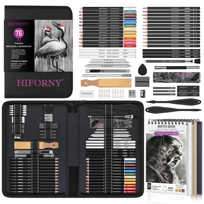 HIFORNY 76 PCS Drawing Set Sketching Kit,Sketch Pencils Art Supplies with Graphite,Charcoal,Blending Tools & Accessories,Portable Zippered Travel Case for Artists & Beginners