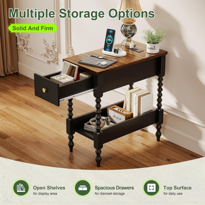 YOSHOOT Farmhouse End Table with Charging Station - Narrow Side Table for Living Room Bedroom Small Space, Wood Nightstand with Drawer and Power Outlets, Black