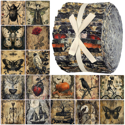 Hosuly 40 Pcs Vintage Halloween Fabric Gothic Fabric Skeleton Crow Butterfly Rose Heart Quilting Patchwork Roll Black Halloween Quilting Strips 2.55 Inch Precut for Sewing Material DIY Crafts