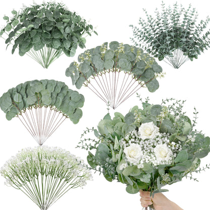 Palonu 200 Pcs 5 Kinds Mixed Artificial Eucalyptus Leaves Stems Bulk Babys Breath Eucalyptus Bundle Faux Plants Greenery for DIY Bouquets Floral Arrangement Wedding Engagement Party Decor
