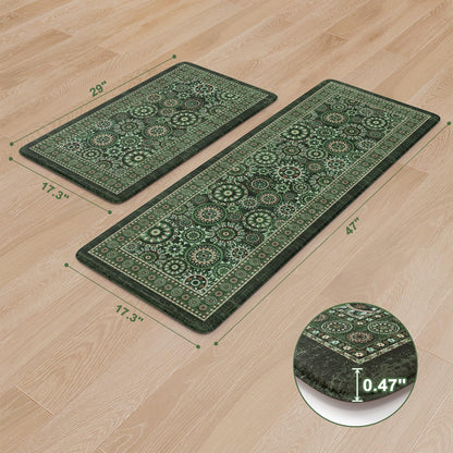 KIMODE Anti Fatigue Kitchen Mats for Floor 2 Piece Cushioned Boho Kitchen Rugs Memory Foam Kitchen Floor Mats Standing Desk Mats for Laundry Office Sink Green 17"x47"+17"x29"