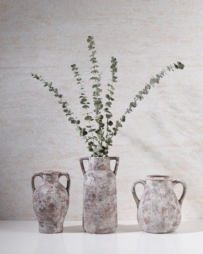 KensTro Ceramic Vase Set of 3, Handmade Rustic Farmhouse Vases with Handles, Glazed Interior, Aged Terracotta Finish, Boho Home Decor for Table, Shelf, Mantel, Flower Arrangement