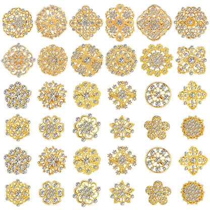 36 Pieces Clear Rhinestone Brooches for Crafts Crystal Flower Brooch Pins with Rhinestones silver Bulk Brooches Jewelry for Woman Flower Lapel Badge Pins DIY Wedding Bouquet Broaches Kit (Gold)
