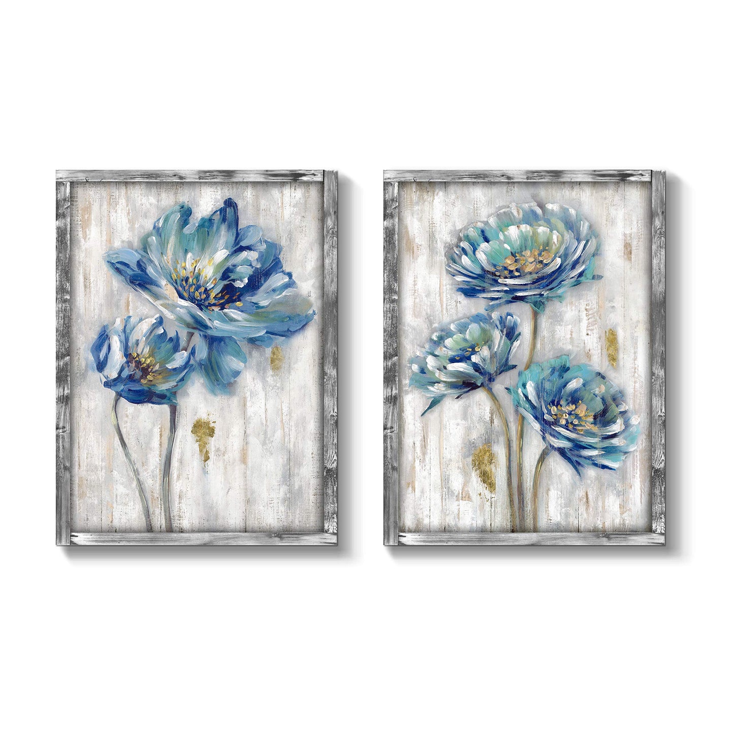 Blue Flower Wooden Artwork Framed: Bloom Wall Art Floral Painting Print for Dining Room (11''W x 16''H x 2 PCS, Multiple Sizes/Material)