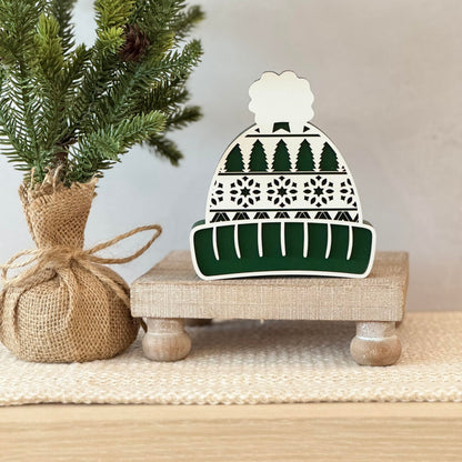 Winter Hat Shelf Sitter, Chunky Wooden Cozy Winter Decor for Tiered Tray Styling, Rustic Farmhouse Holiday Mantel Accent (Forest Green)