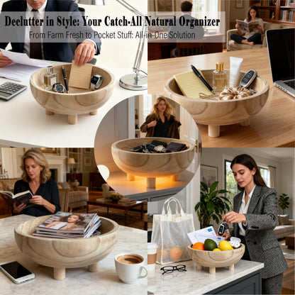 Premium 11" Handcrafted Large Wooden Fruit,Dough,Salad/key Bowl-Wooden Decorative Serving Bowl-Modern Farmhouse Kitchen Counter Centerpiece/Table/Dining Room Entryway Key Catcher-Wedding|Birthday Gift