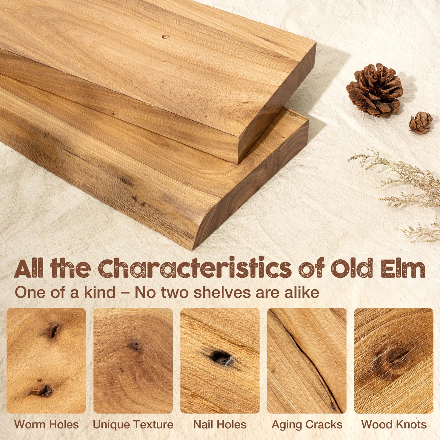 fuqing Live Edge Floating Shelves for Wall 30 inch, 8 Inch Deep Solid Elm Wood Floating Wall Shelves - Rustic Wooden Shelves with Invisible Brackets for Living Room Bedroom Kitchen, 2 Pack, Natural
