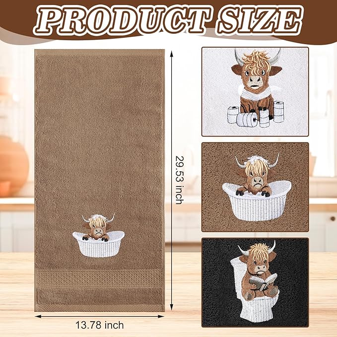 3 Pcs Highland Cow Hand Towels for Bathroom Embroidered Bathroom Towels