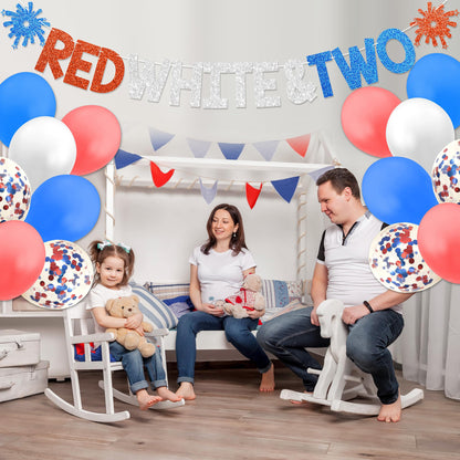 Red White & Two Birthday Decorations - 4th of July 2nd Birthday Decorations for Kids With Banner Cake Topper Cupcake Toppers Balloons