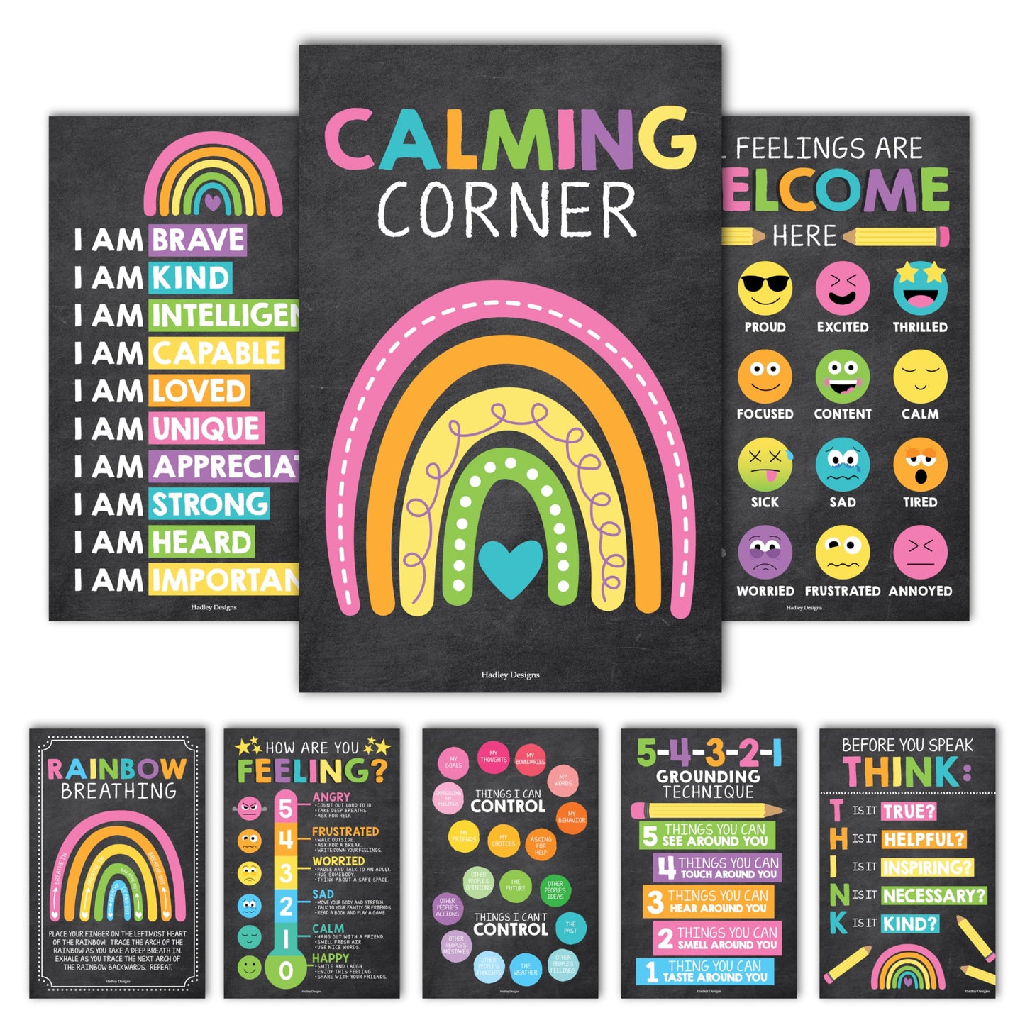 Hadley Designs 8 Calming Corner Posters for Classroom Must Haves -Calm Down Corner Supplies with Emotion Chart,School Counselor Mental Health Poster,Feelings Chart For Kids, Chalkboard Classroom Decor