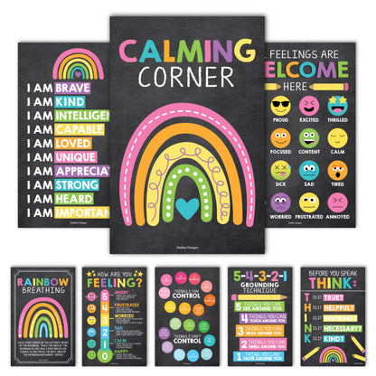 Hadley Designs 8 Calming Corner Posters for Classroom Must Haves -Calm Down Corner Supplies with Emotion Chart,School Counselor Mental Health Poster,Feelings Chart For Kids, Chalkboard Classroom Decor