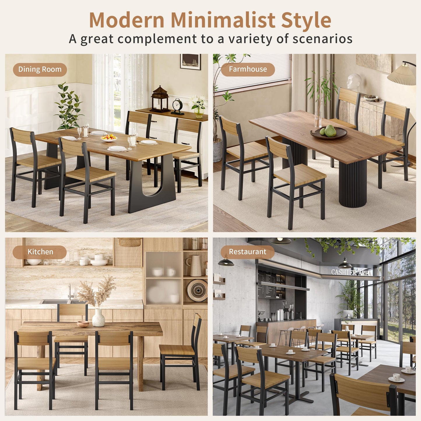 MECHYIN Dining Chairs Set of 4, Rustic Wood Dining Room Chairs with Thickened and Strengthened Metal Steel Frame & Slat Back, Modern Farmhouse Chair for Kitchen, Dining Room (4, Natural Wood)