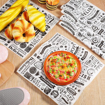 Marspark 200 Pcs Deli Wax Paper Sheets 12 x 12 Inch Square Grease Resistant Tray Basket Liners Hot Dog Wrappers Newsprint Water and Grease Proof Sandwich Wrapping for Food Baking (White Black)