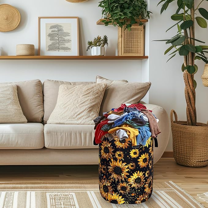 Beautiful Sunflower Laundry Basket Foldable Oxford Cloth Yellow Floral Laundry