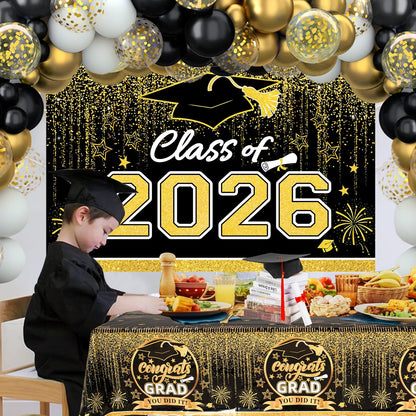 Graduation Decorations 2026, Black and Gold Balloon Garland Arch, Black and Gold Graduation Decorations with Congrats Grad Tablecloth and Class of 2026 Backdrop for High School College Grad Party