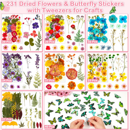 231 PCS Pressed Flowers Bulk for Resin Crafts, Dried Pressed Flowers Butterfly Stickers with Tweezers Real Natural Dry Wildflowers for Resin Molds DIY Art Candle Phone Cases Bookmark Jewelry Making