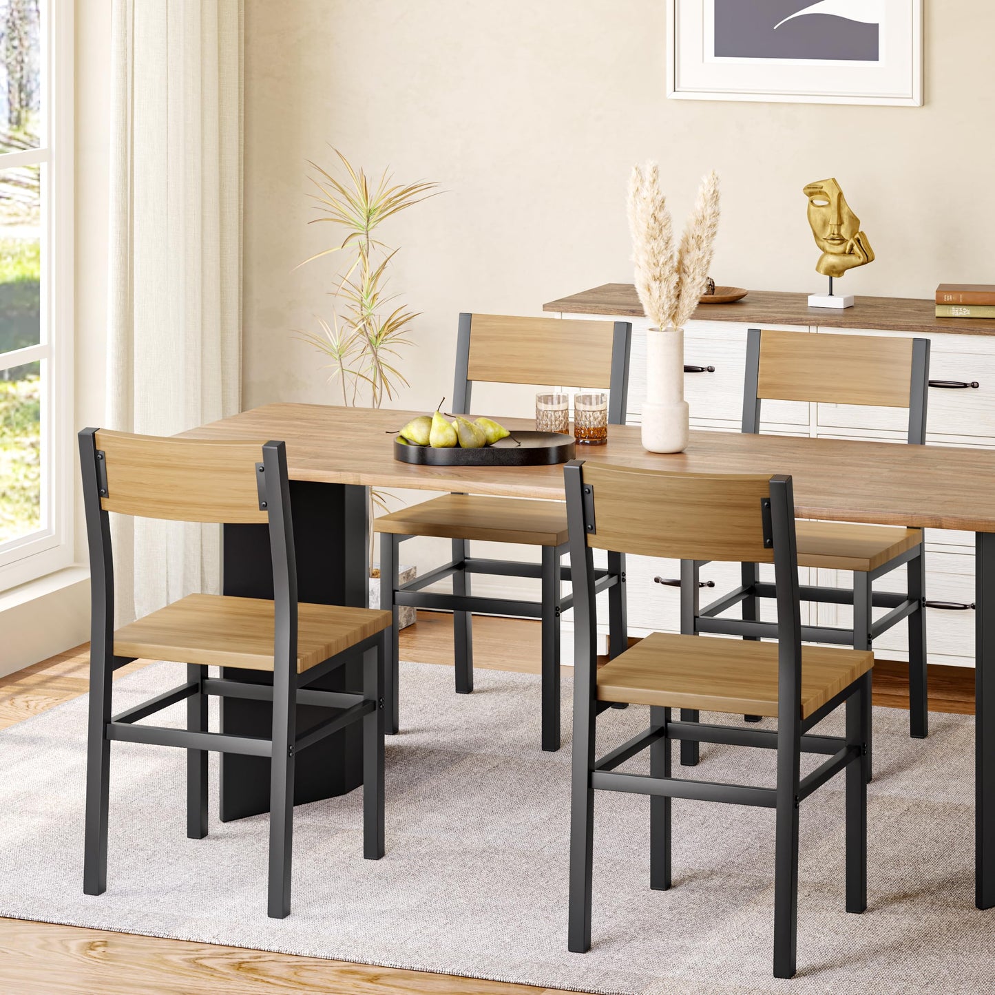 MECHYIN Dining Chairs Set of 4, Rustic Wood Dining Room Chairs with Thickened and Strengthened Metal Steel Frame & Slat Back, Modern Farmhouse Chair for Kitchen, Dining Room (4, Natural Wood)