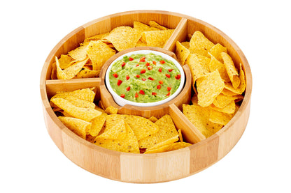 Strova Chip and Dip Serving Bowl – Wooden Appetizer Platter Set with Dip Cup for Salsa, Guacamole, Nacho, Vegetables, Taco Chip, Snacks and More – 12 Inch Diameter. Perfect for the BIG GAMES !