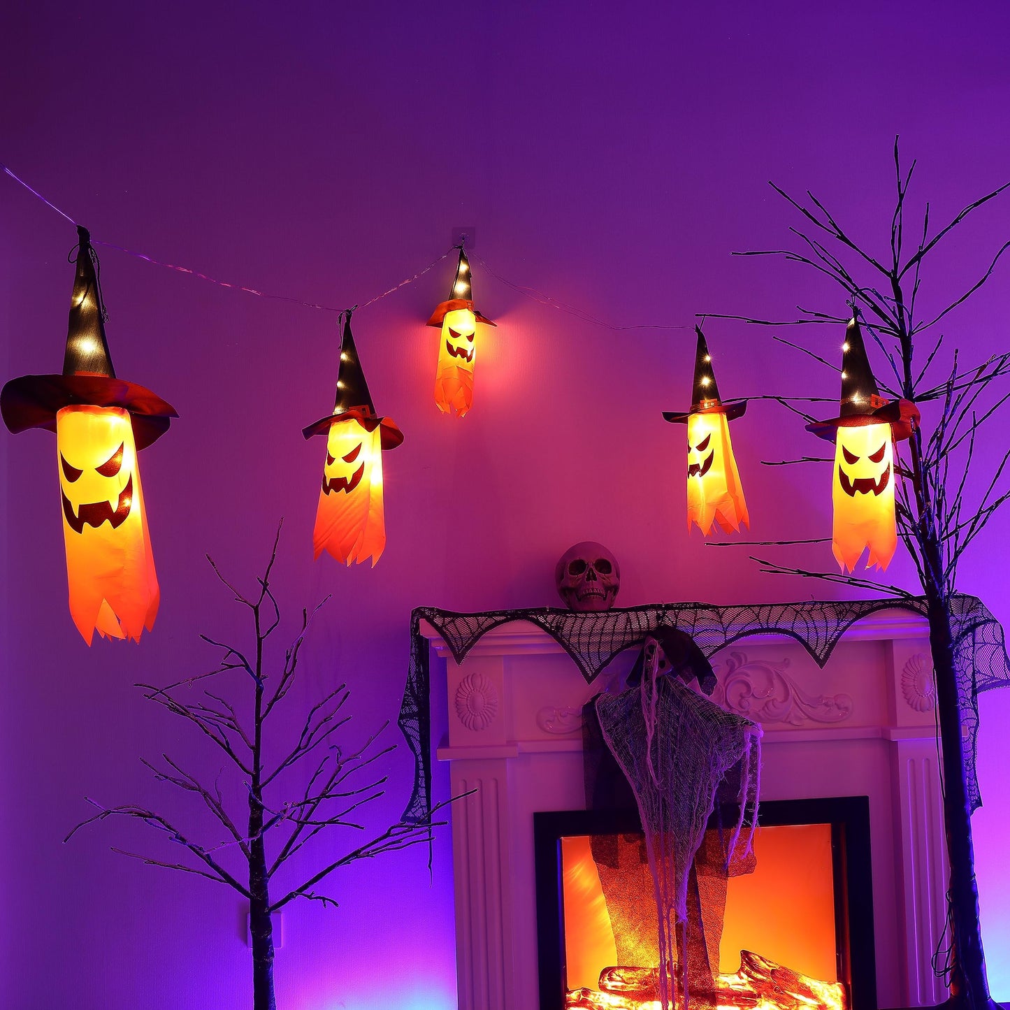 HOMEHIGH Halloween Outdoor Decor Hanging Lighted Glowing Ghost Witch Hat,5 Pack Lights Ghost Halloween Decor Light,Led String Lights Waterproof Battery Box, Indoor Outside Home Porch Yard Tree Garden